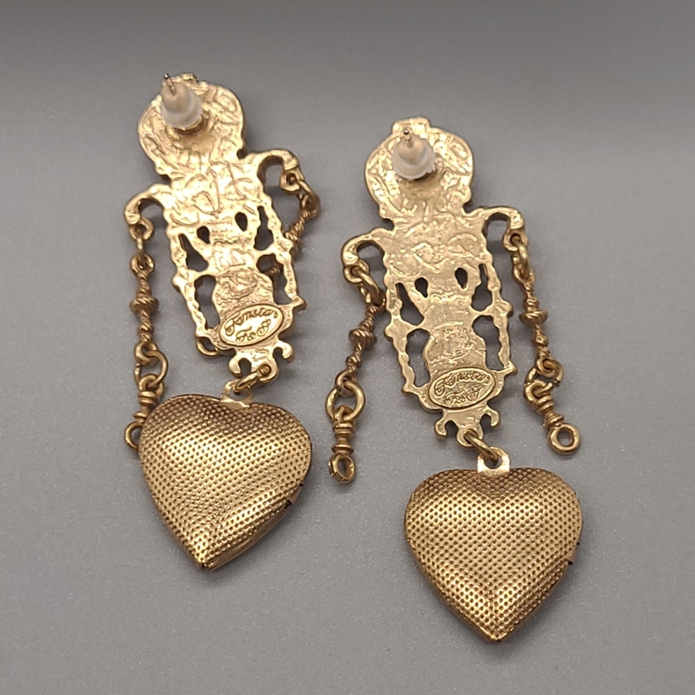 Vintage Estate Signed Multistone Dangle Heart Locket Gold Earrings - Picture 5 of 10